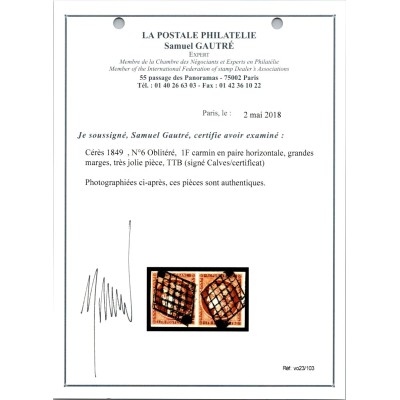 YT 6 - Oblitéré Grille - Signé Calves - Paire - Certificat VO 23/103