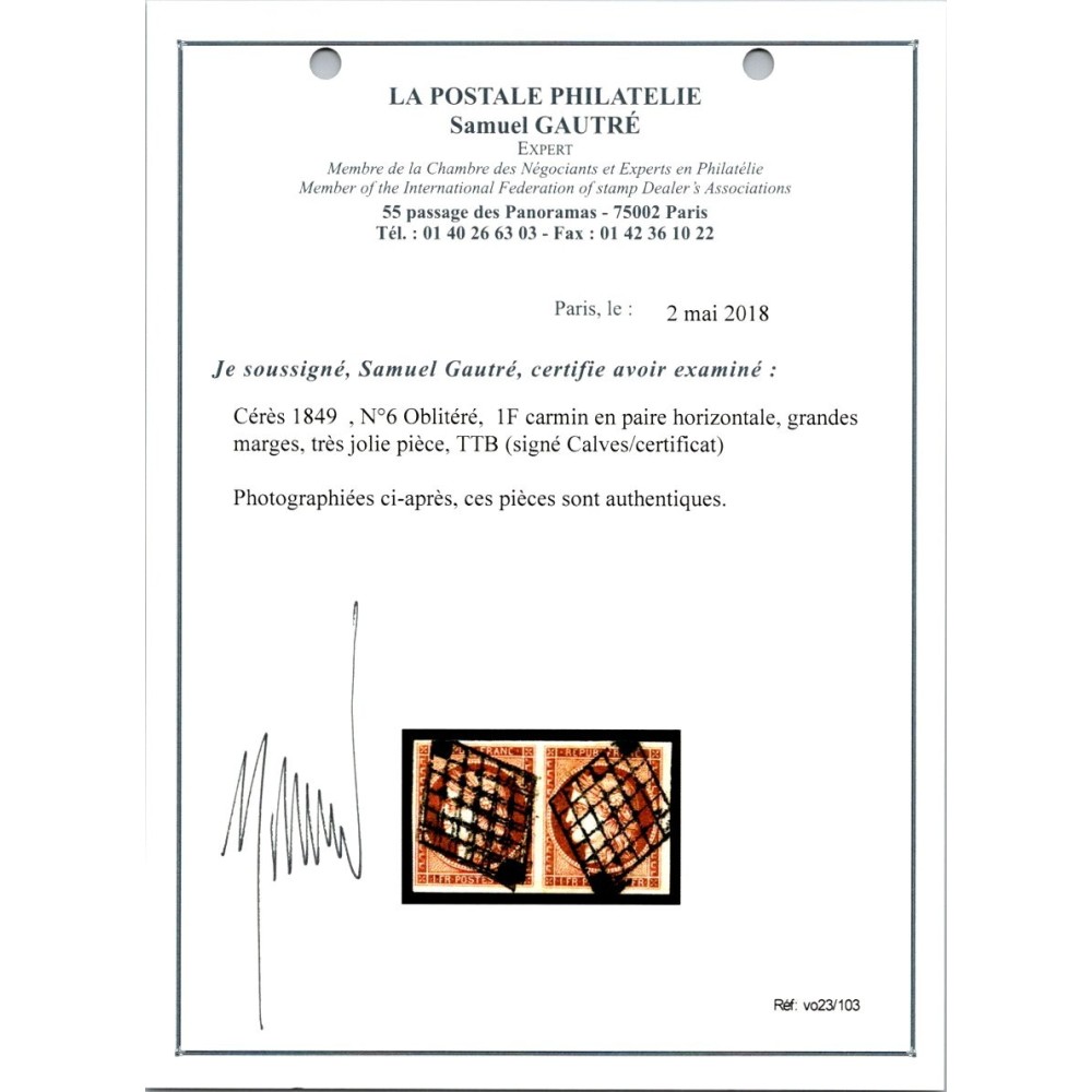 YT 6 - Oblitéré Grille - Signé Calves - Paire - Certificat VO 23/103