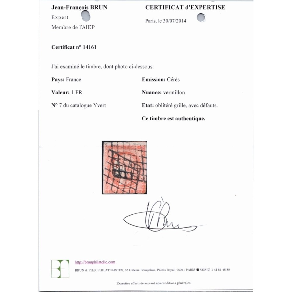 YT 7 - Oblitéré Grille - Certificat Brun 14161