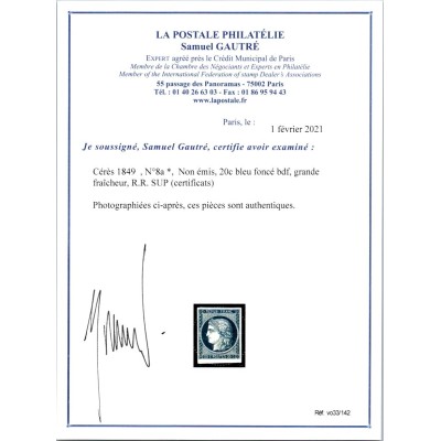 YT 8 - Neuf x - Signé Brun - Certificat 15472 - VO 33/142