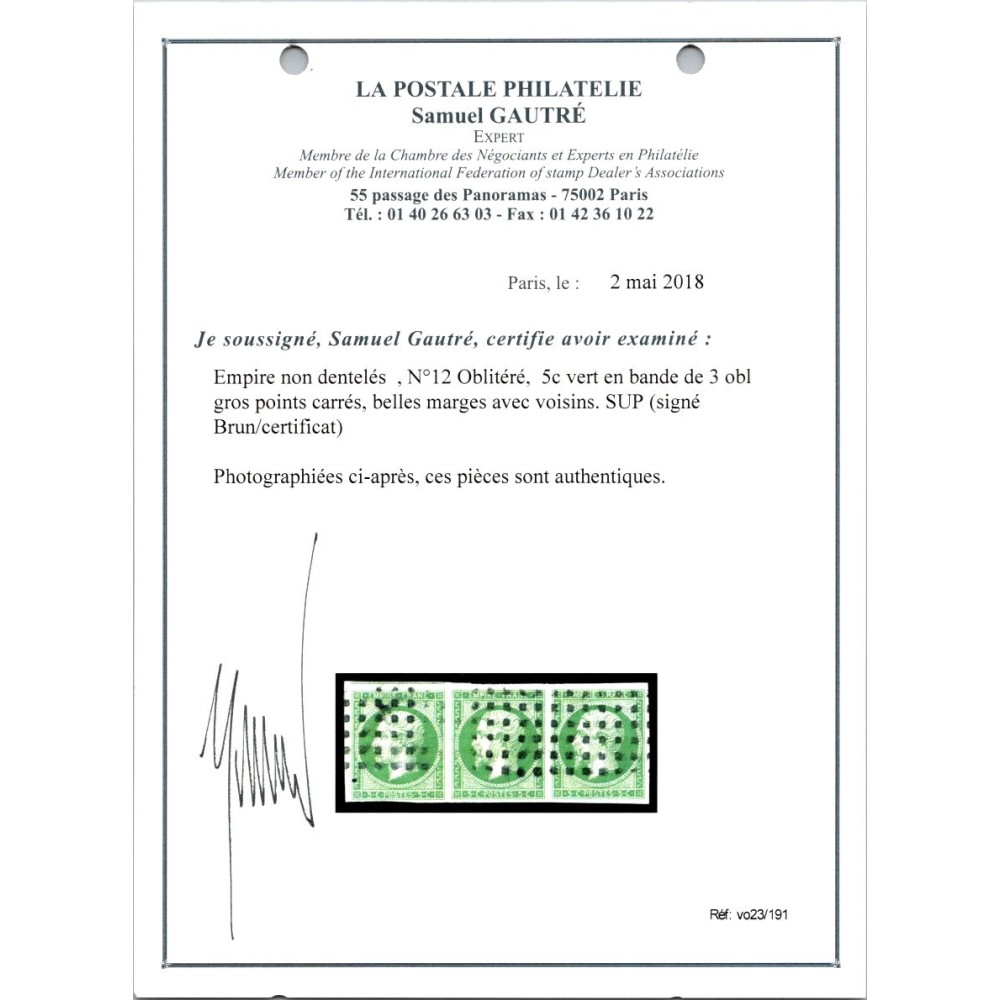 YT 12 - Oblitéré Gros points - Signé Brun - Certificat VO 23/191 - Bande de 3
