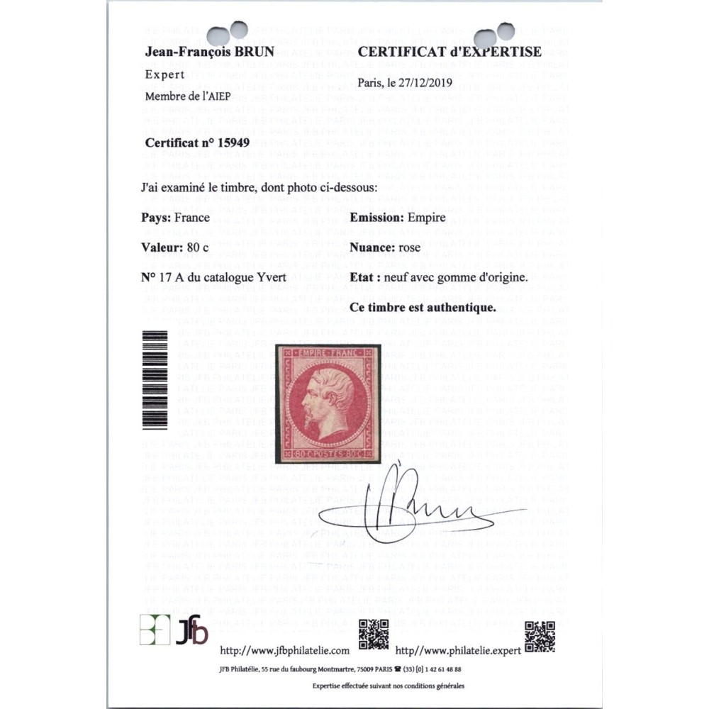 YT 17B - Neuf x - Certificat Brun 15949 - Cote 5000 Euros