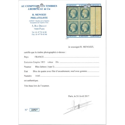 YT 14 Ai - Neuf xx - Bloc de 4 avec Filet d'Encadrement - Signé Calves Certificat 22527
