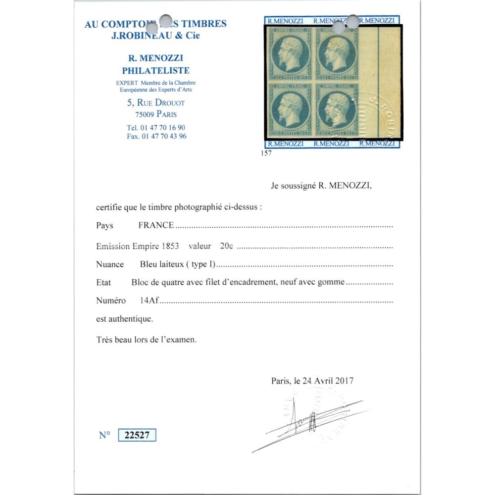 YT 14 Ai - Neuf xx - Bloc de 4 avec Filet d'Encadrement - Signé Calves Certificat 22527