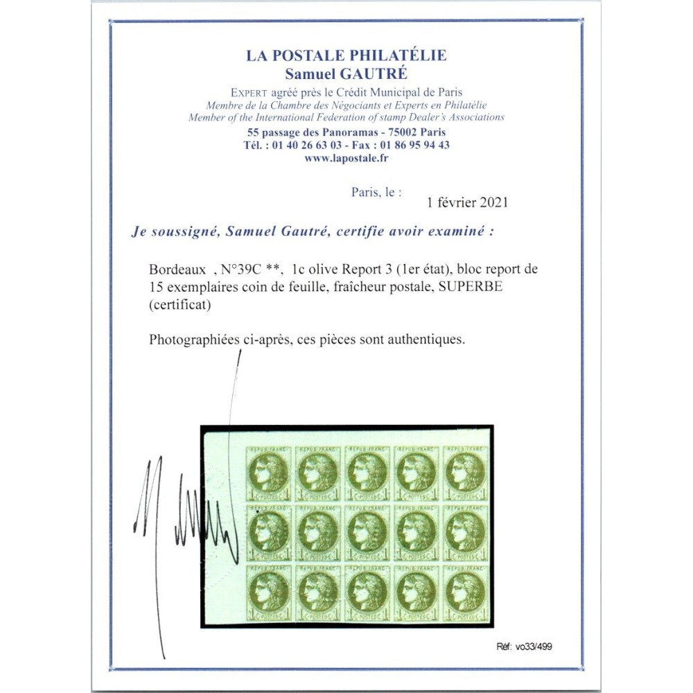 YT 39C - Neuf xx - Bloc report 3 - Certificat VO 33/499 Cote 4500 Euros