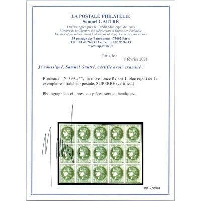 YT 39A - Neuf xx - Bloc report 1 - Certificat VO 33/489 Cote 5500 Euros