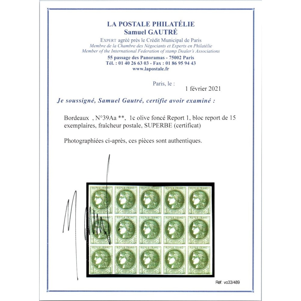 YT 39A - Neuf xx - Bloc report 1 - Certificat VO 33/489 Cote 5500 Euros