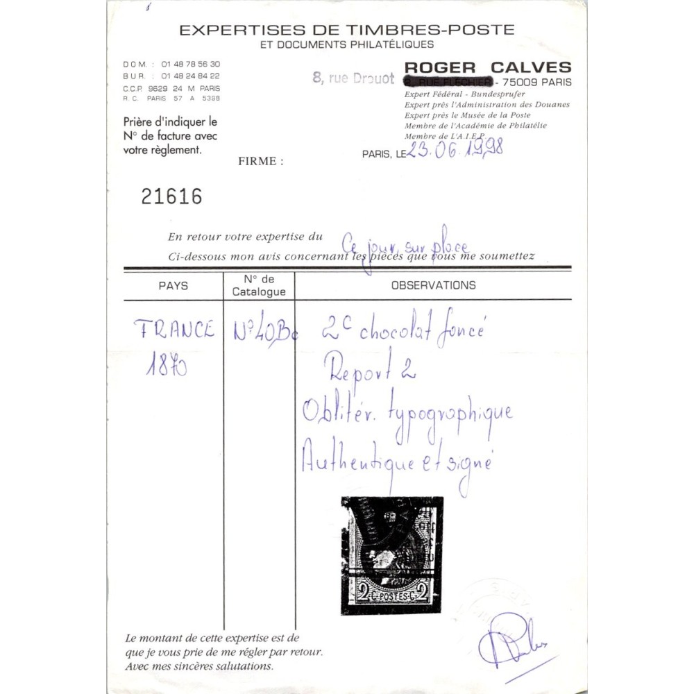 YT 40 B - Oblitéré Annulation des journaux - Signé brun / Calves - Certificat VO 33/535 - 21616 - Cote 400 Euros