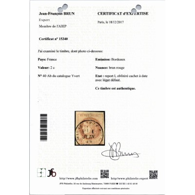 YT 40Ab - Oblitéré - Signé Brun - Certificat 15340 - Cote 3000 Euros