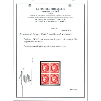 YT 49 - Neuf (x) - Bloc de 4 - Certificat 15289 - VO 22/414 - Cote 3800 Euro