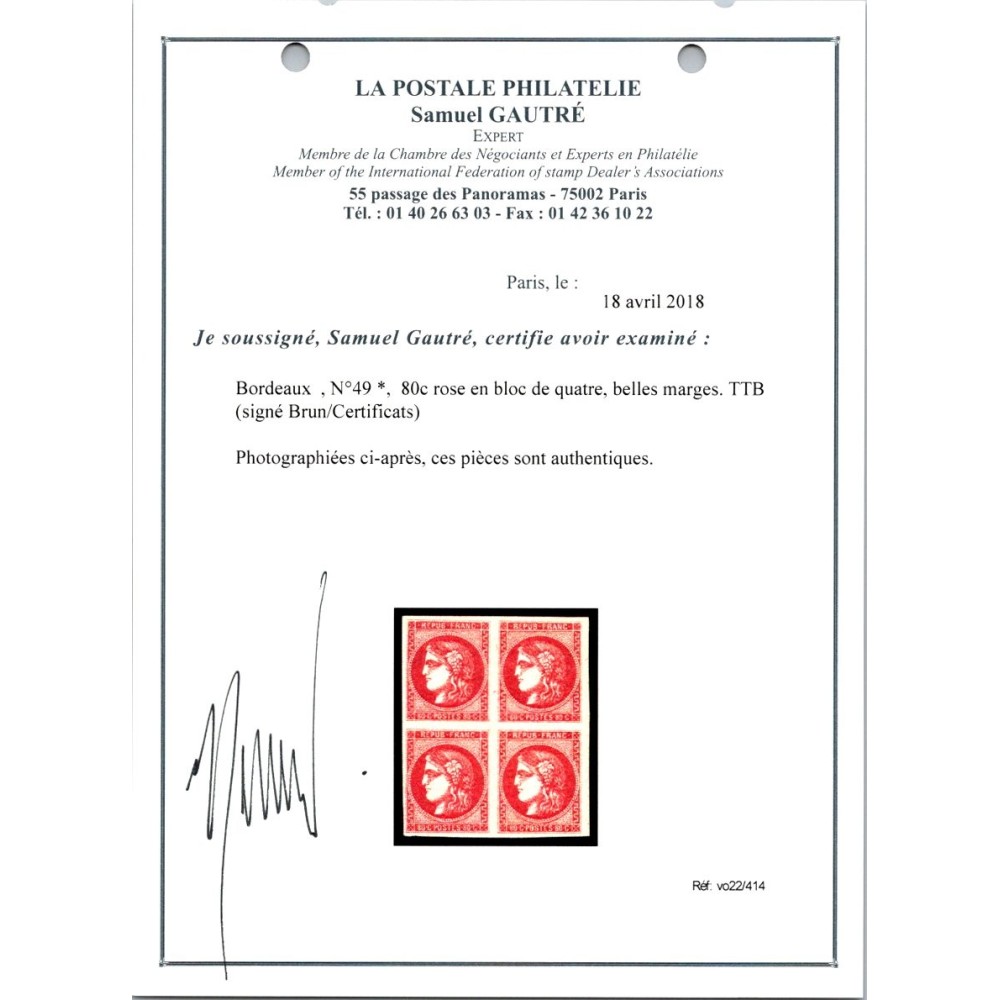 YT 49 - Neuf (x) - Bloc de 4 - Certificat 15289 - VO 22/414 - Cote 3800 Euro
