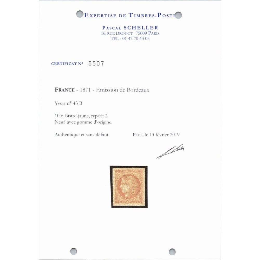 YT 43 B - Neuf x - Certificat 5507 - Cote 1500 Euro