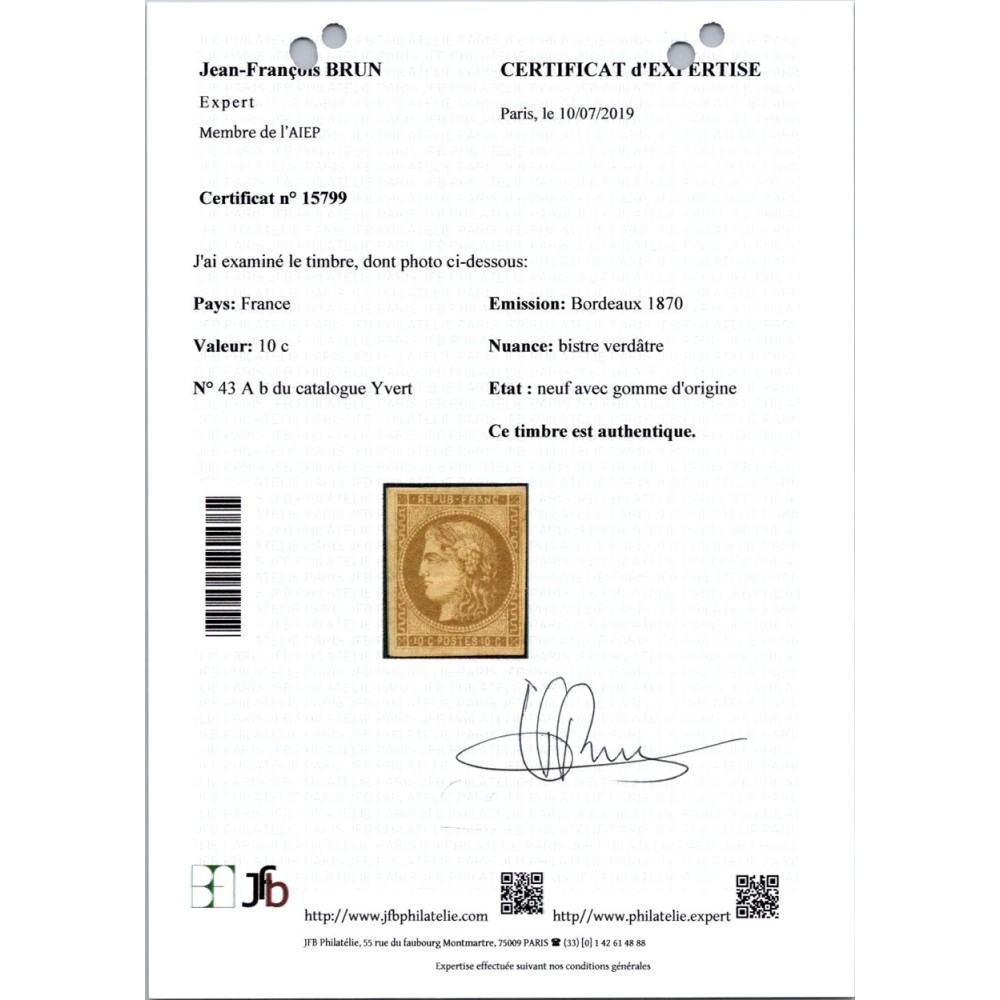 YT 43 Ab - Neuf x - Certificat 15799 - Cote 2200 Euro