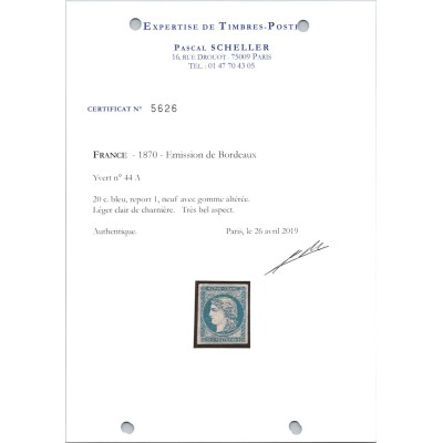 YT 44 A - Neuf x - Certificat 5626 - Cote 28000 Euro