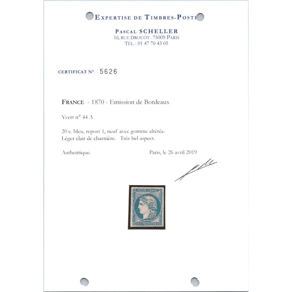 YT 44 A - Neuf x - Certificat 5626 - Cote 28000 Euro