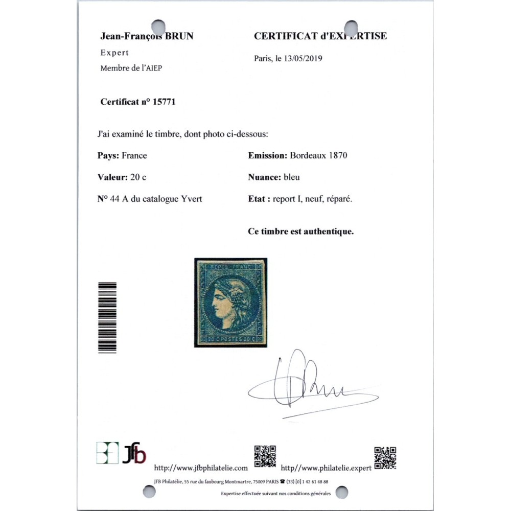 YT 44 A - Neuf x - Certificat Brun 15771 - Cote 28000 Euro