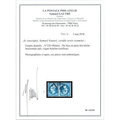 YT 22 - Oblitéré Tête Bêche - Signé Scheller - Certificat VO 23/344 - Cote 1400 Euros