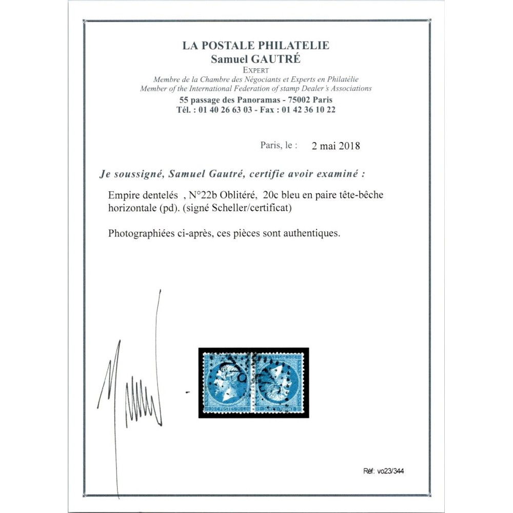 YT 22 - Oblitéré Tête Bêche - Signé Scheller - Certificat VO 23/344 - Cote 1400 Euros
