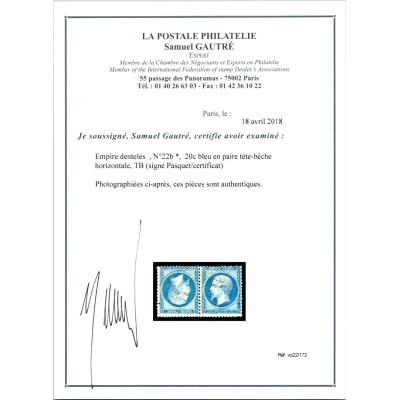YT 22 - Neuf x - Tête Bêche - Certificat VO 22/172 - Cote 6000 Euros