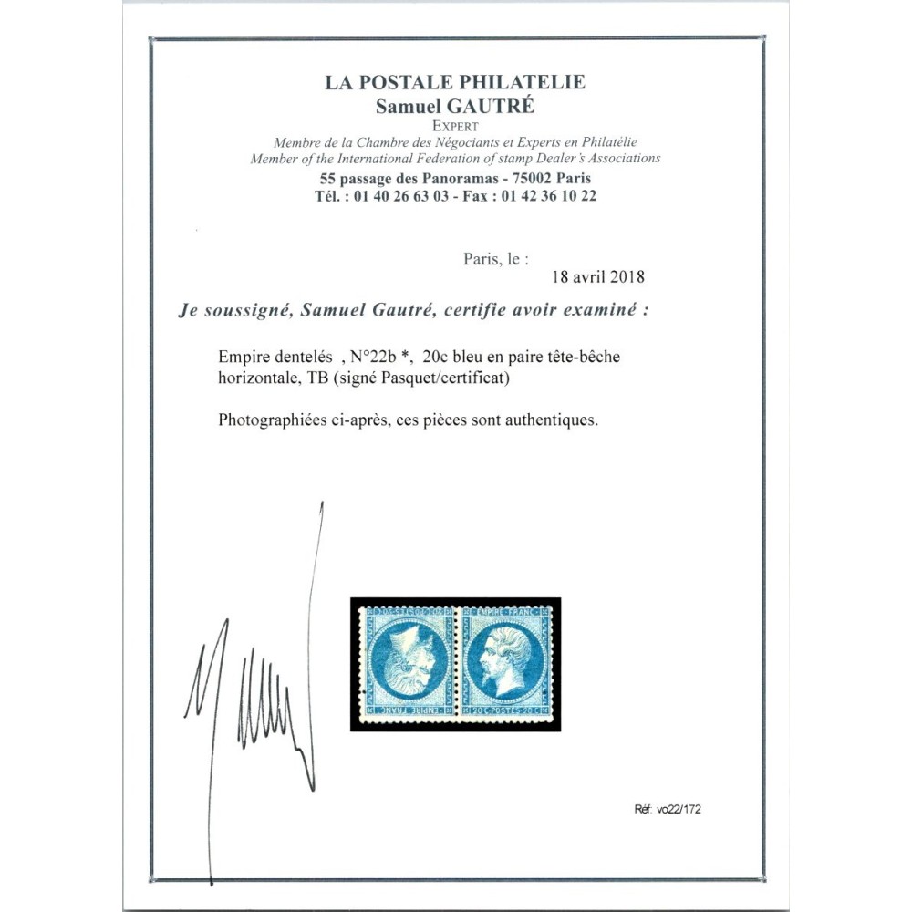 YT 22 - Neuf x - Tête Bêche - Certificat VO 22/172 - Cote 6000 Euros