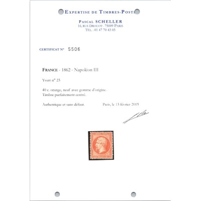 YT 23 - Neuf x - Certificat 5506 - Cote 3100 Euros
