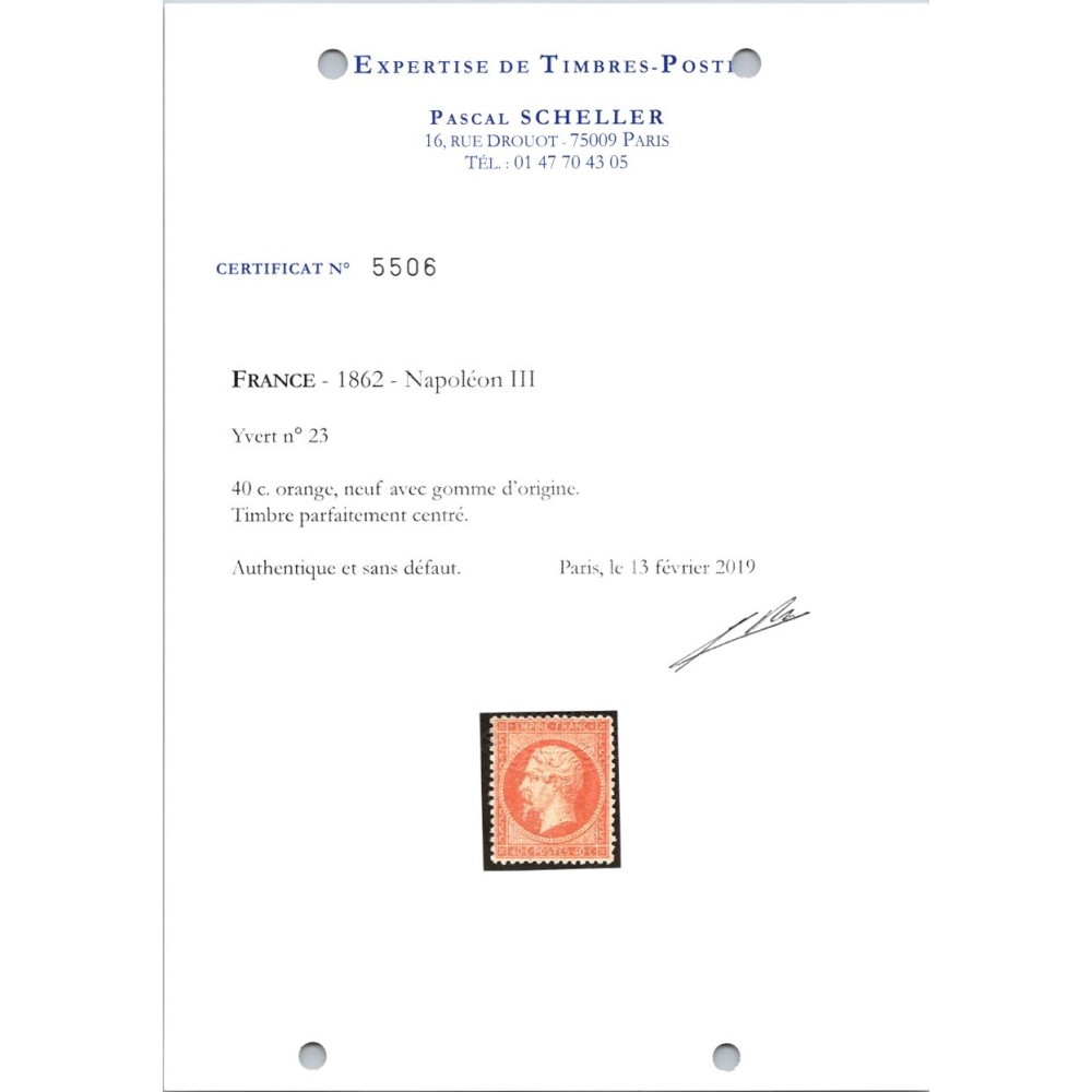 YT 23 - Neuf x - Certificat 5506 - Cote 3100 Euros