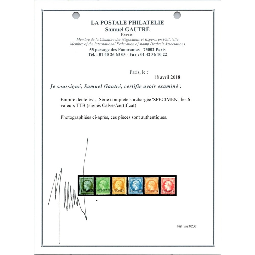 YT 23 - Neuf x - SPECIMEN - Certificat VO 21/206 - Cote 1300 Euros