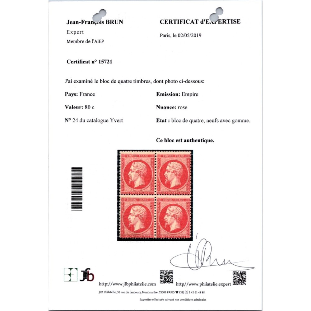 YT 24 - Neuf x - Certificat 15721 - Cote 2550 Euros