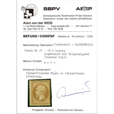 YT 21 - Neuf x - Certificat WEID - Cote 2250 Euros