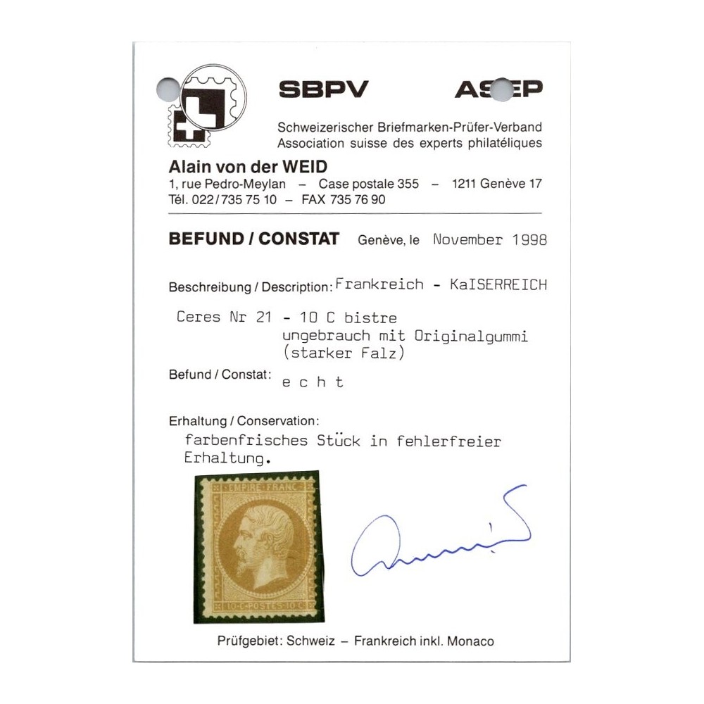 YT 21 - Neuf x - Certificat WEID - Cote 2250 Euros