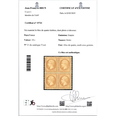 YT 21 - Neuf x - Bloc de 4 - Calves / Roumet - Certificat 15723 - Cote 10000 Euros