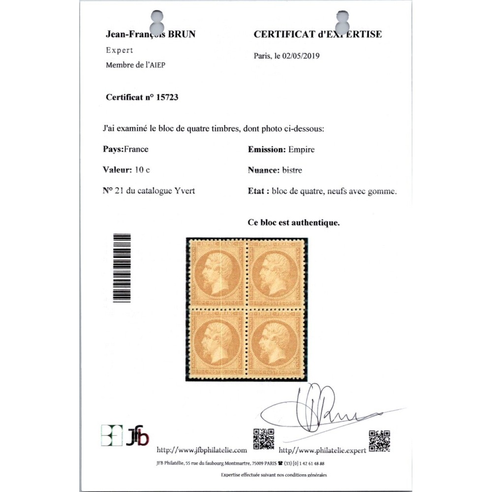 YT 21 - Neuf x - Bloc de 4 - Calves / Roumet - Certificat 15723 - Cote 10000 Euros