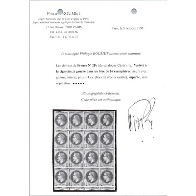 Neuf xx - A la Cigarette - Certificat Roumet et VO 23/368