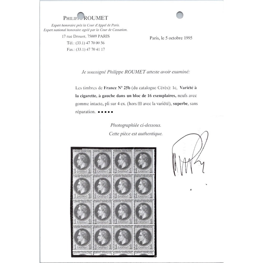 Neuf xx - A la Cigarette - Certificat Roumet et VO 23/368