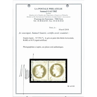 YT 27 - Neuf (x) - Tête Bêche - Signé Roumet - Certificat VO 21/220 - Cote 25000 Euros