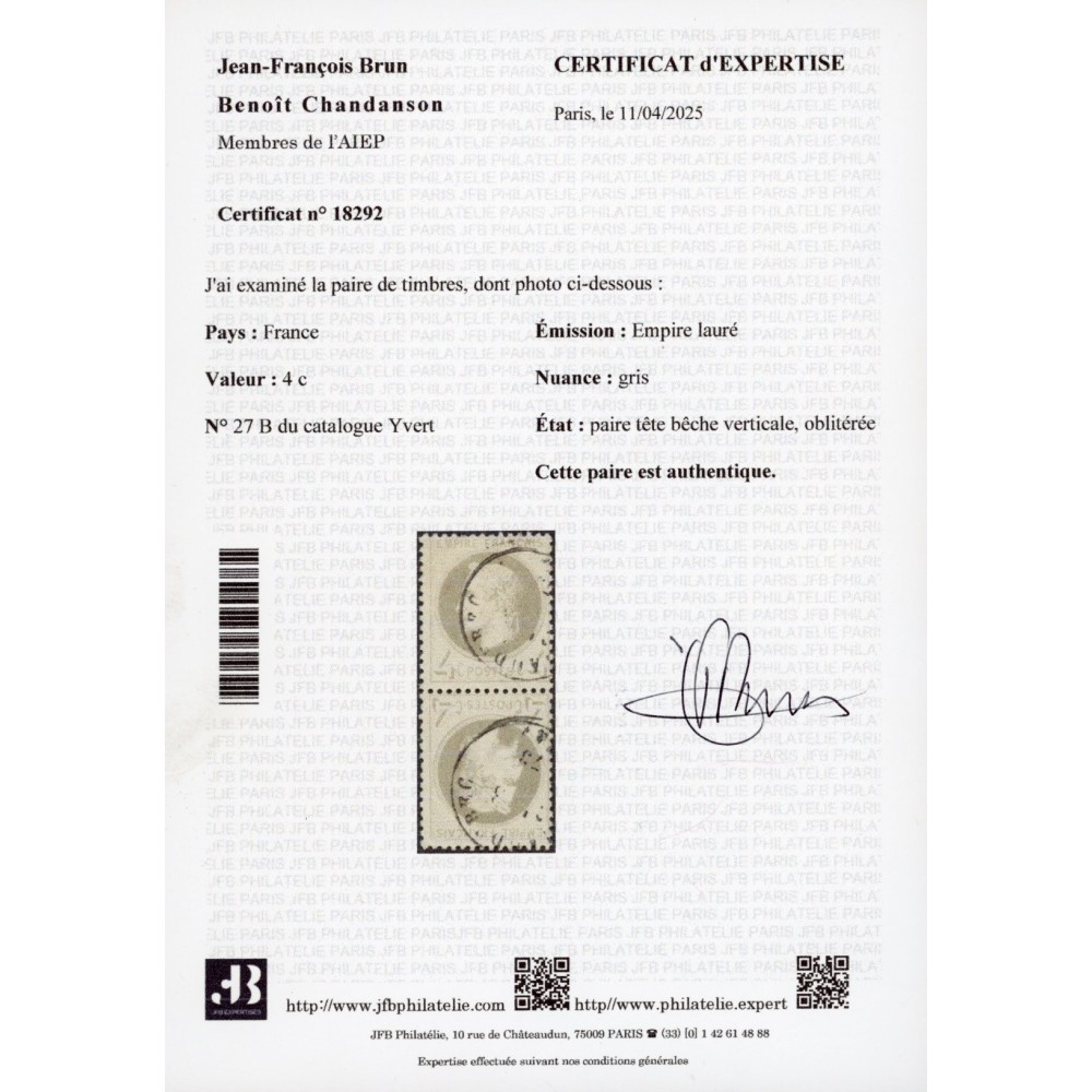 YT 27 - Oblitéré - Tête Bêche - Signé Brun - Certificat 18292 - Cote 20000 Euros