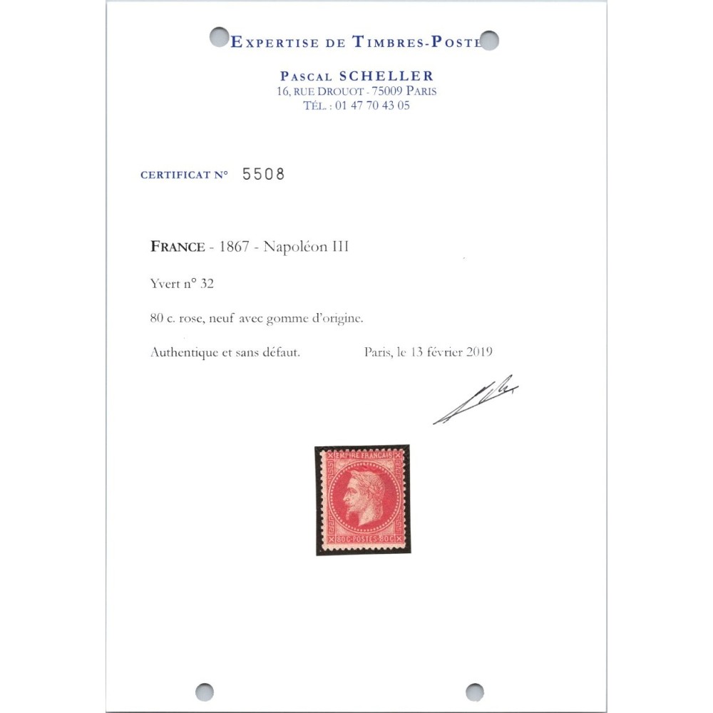YT 32 - Neuf x - Certificat 5508 - Cote 1950 Euros