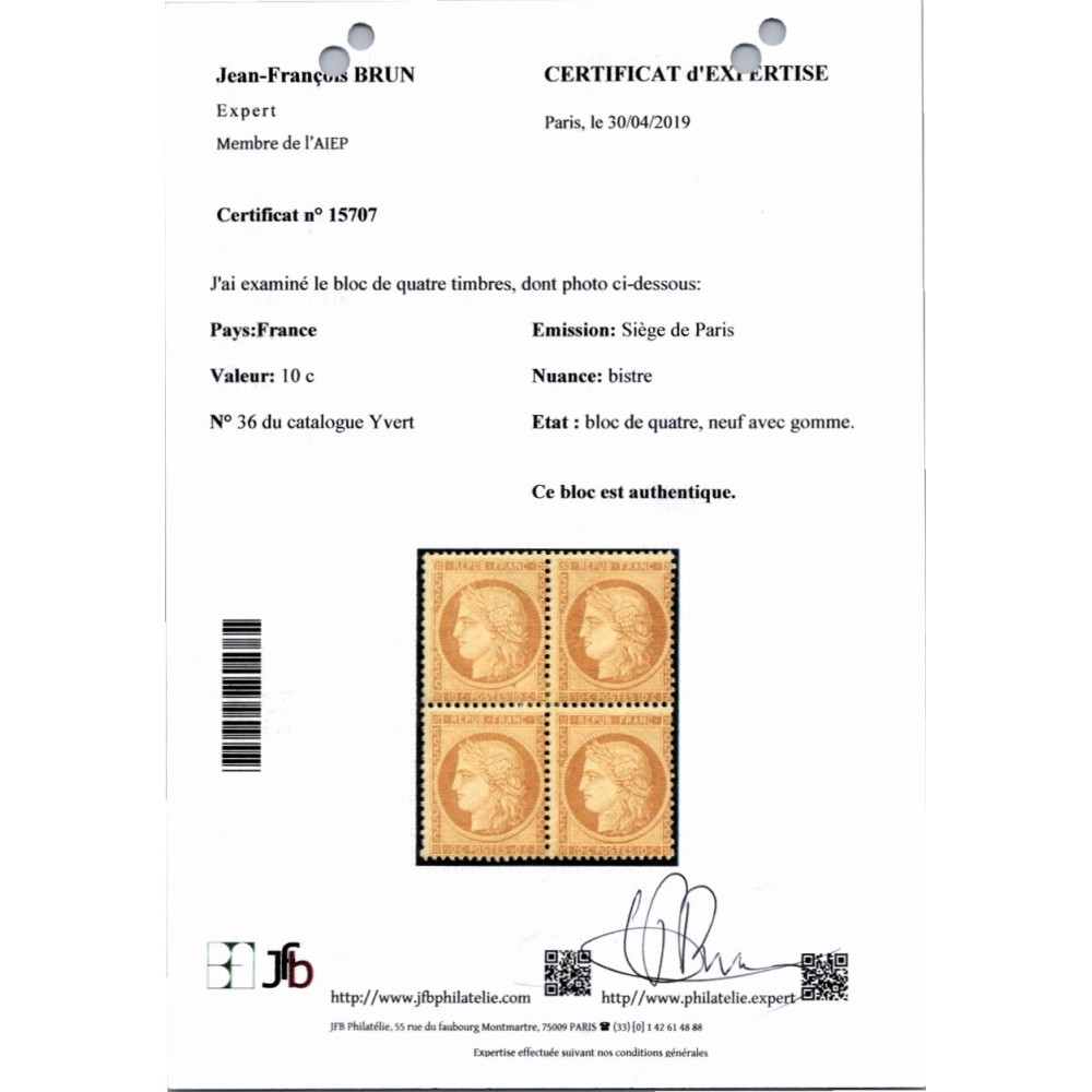 YT 36   - Neuf x - Bloc de 4 - Signé Roumet - Certificat 15707 - Cote 4500 Euros