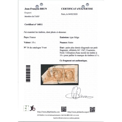 YT 36   - Demi Timbre sur fragment - Certificat Brun 16011 - Cote 4000 Euros