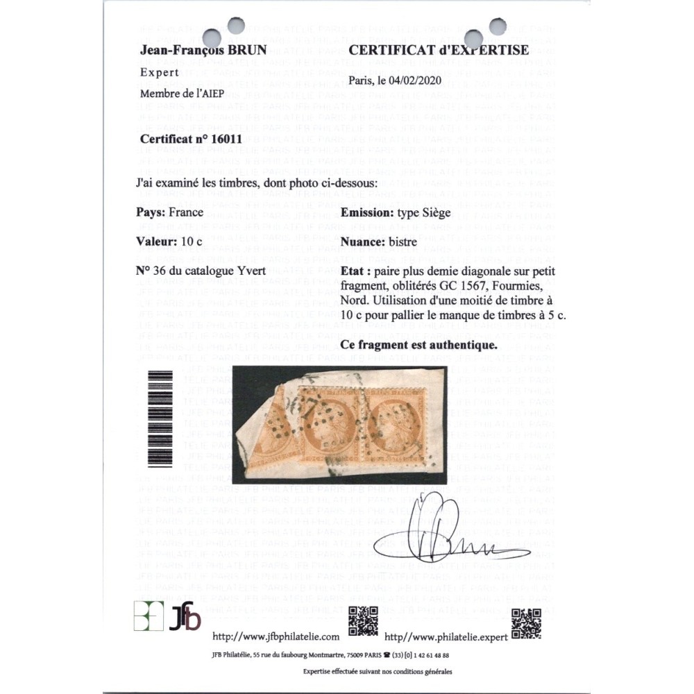 YT 36   - Demi Timbre sur fragment - Certificat Brun 16011 - Cote 4000 Euros