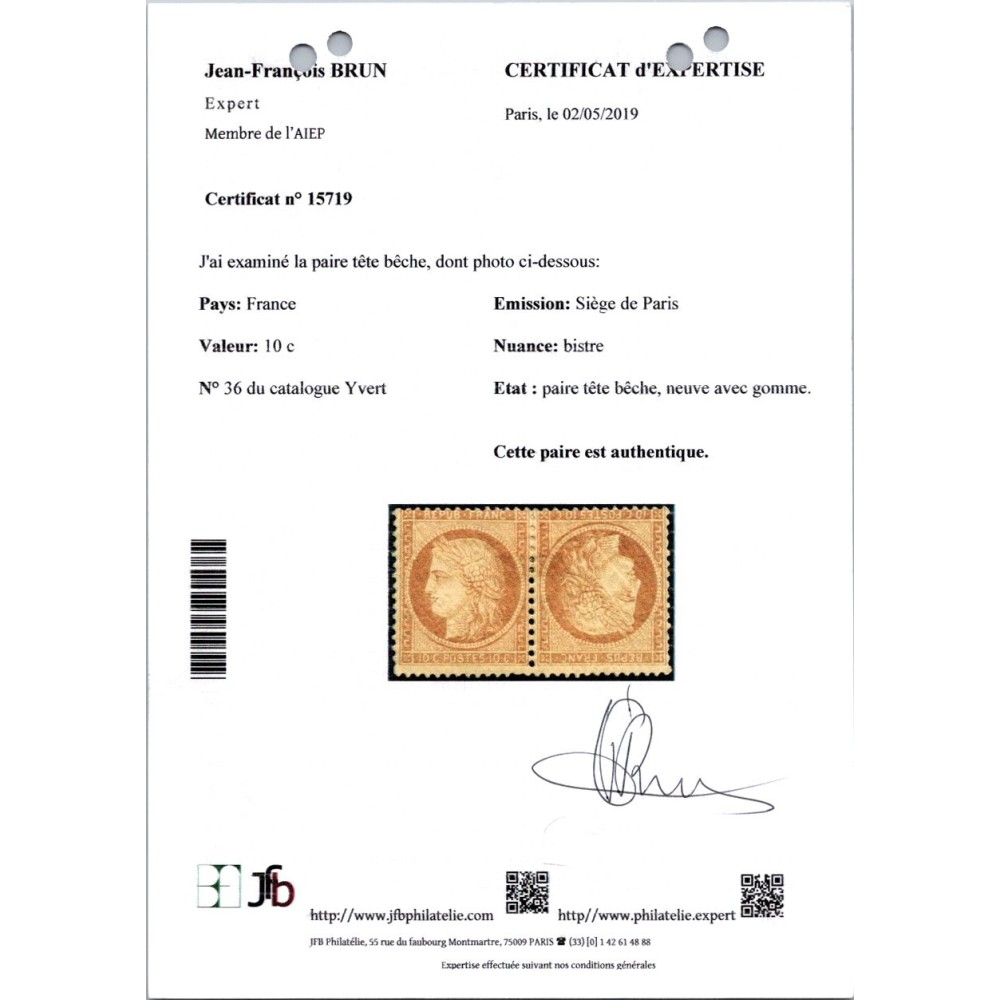 YT 36   - Neuf x - Tête Bêche - Certificat 15719 - Cote 9250 Euros