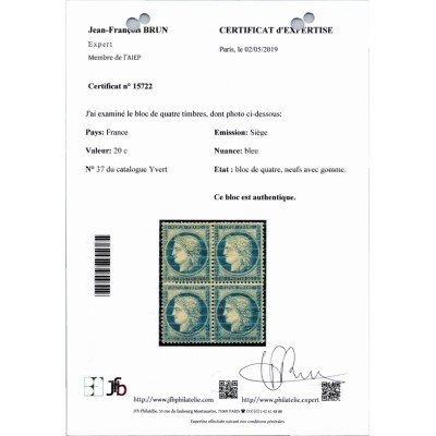 YT 37 - Neuf x - Bloc de 4 - Certificat 15722 - Cote 2700 Euros