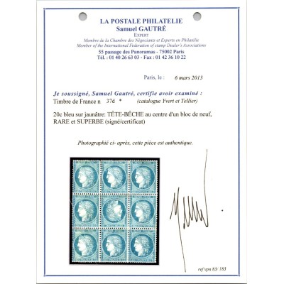 YT 37 - Neuf x - Tête Bêche - Certificat 83/183 - VO 22/264 - Cote 7000 Euros