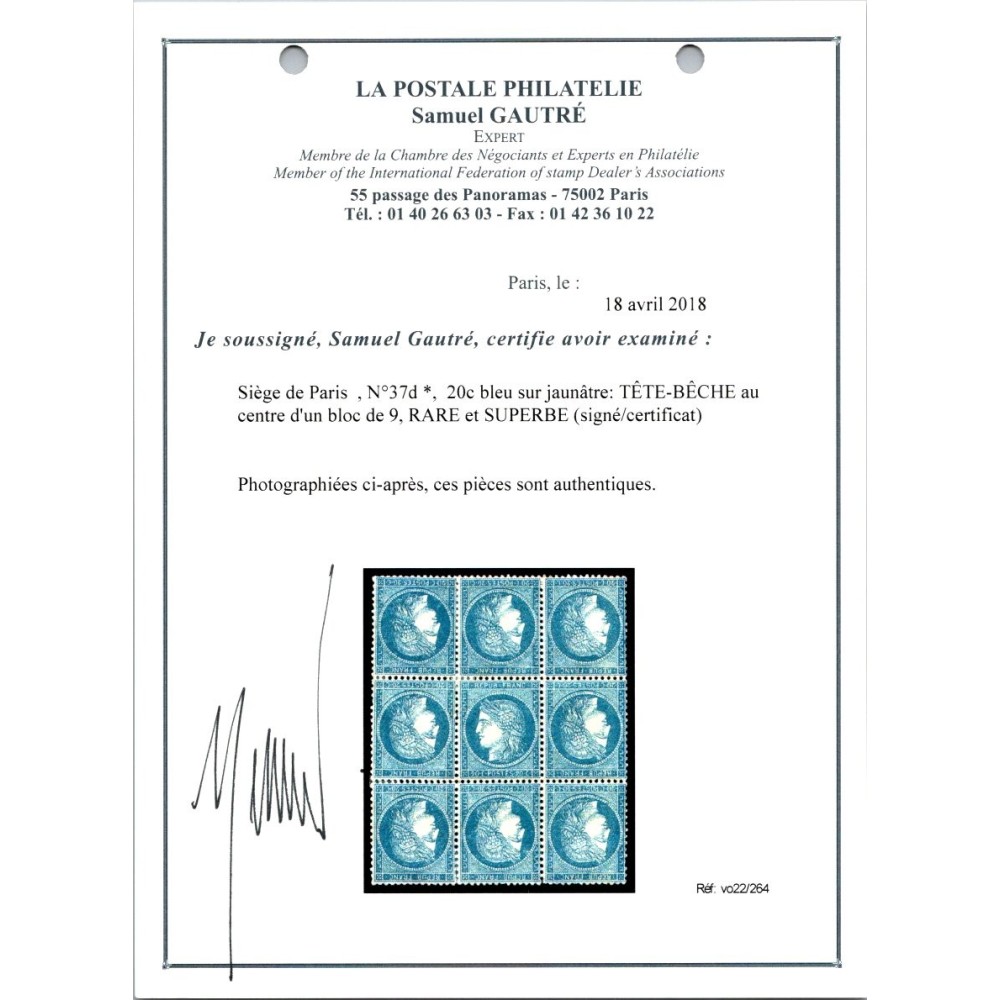 YT 37 - Neuf x - Tête Bêche - Certificat 83/183 - VO 22/264 - Cote 7000 Euros