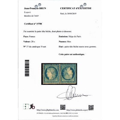 YT 37 - Neuf x - Tête Bêche - Certificat 15708 - Cote 7000 Euros
