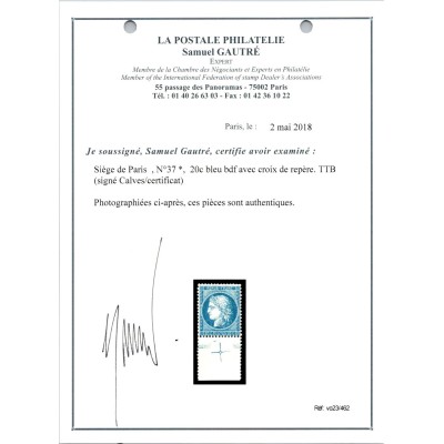 YT 37 - Neuf x - Croix de repère - Signé Calves - Certificat VO 23/462 - Cote 800 Euros