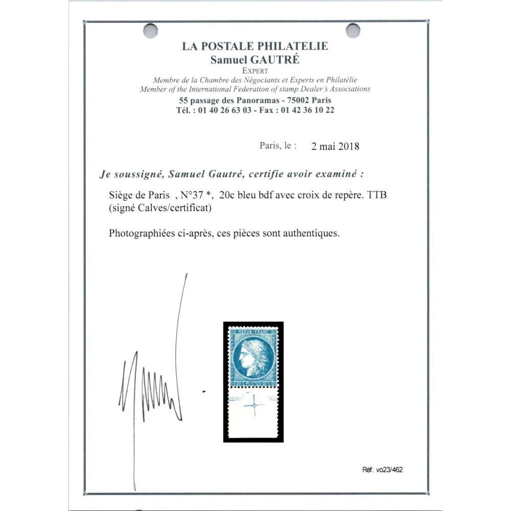 YT 37 - Neuf x - Croix de repère - Signé Calves - Certificat VO 23/462 - Cote 800 Euros