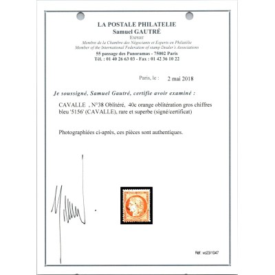 YT 38 - GC 5156 - Cavalle - Turquie - Certificat VO 23/1047 - Cote 2000 Euros
