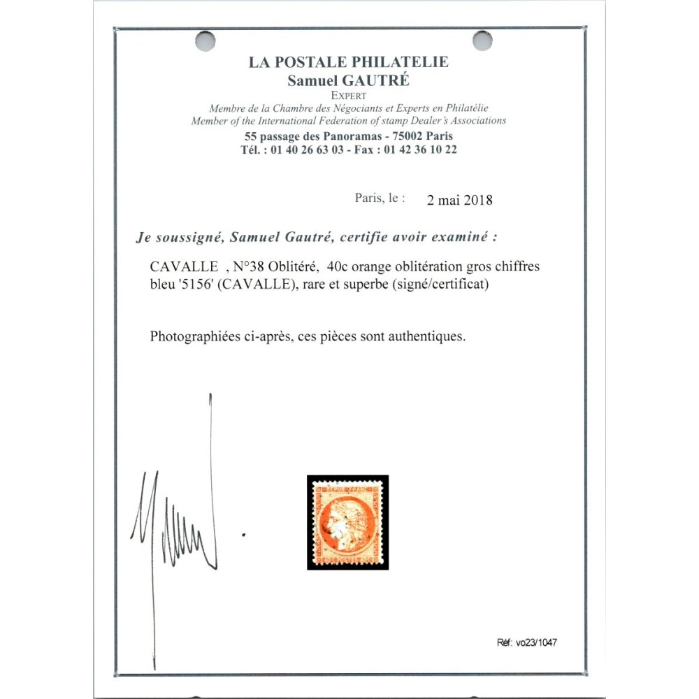 YT 38 - GC 5156 - Cavalle - Turquie - Certificat VO 23/1047 - Cote 2000 Euros