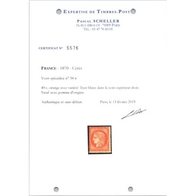 YT 38 - Neuf x - Variété : cassure Haut droit - Certificat 5576 - Cote 1100 Euros